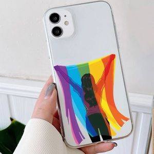 iPhone 13 or max phone case of a girl holding a rainbow flag